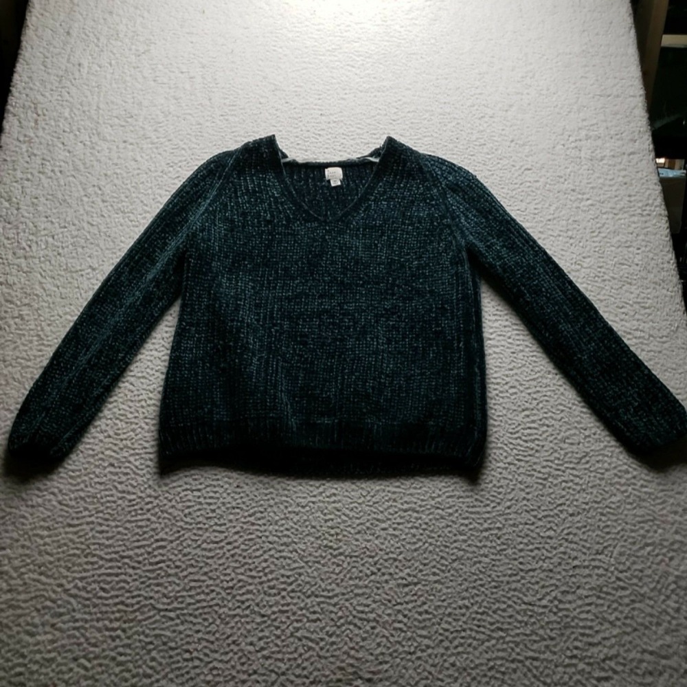 A New Day Sweater Womens XS Green V Neck Long Sleeve Chenille Knit Pullover